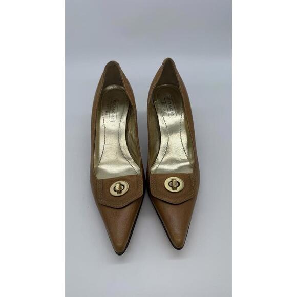 Coach Brown Leather Pumps 8.5B Gold Turnlock - Picture 1 of 10